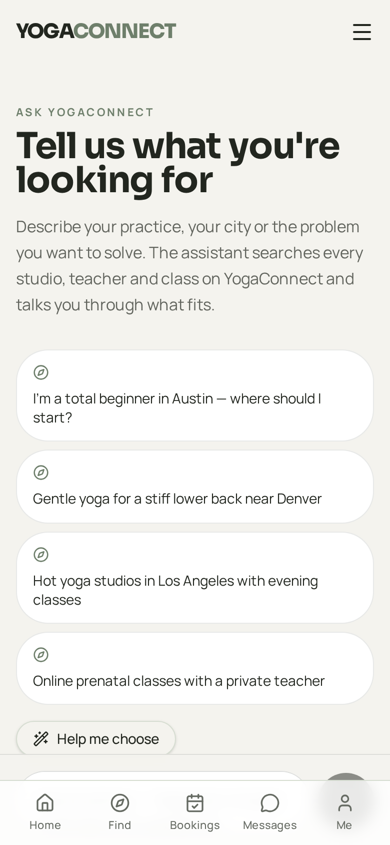 YogaConnect app screen: Ask anything
