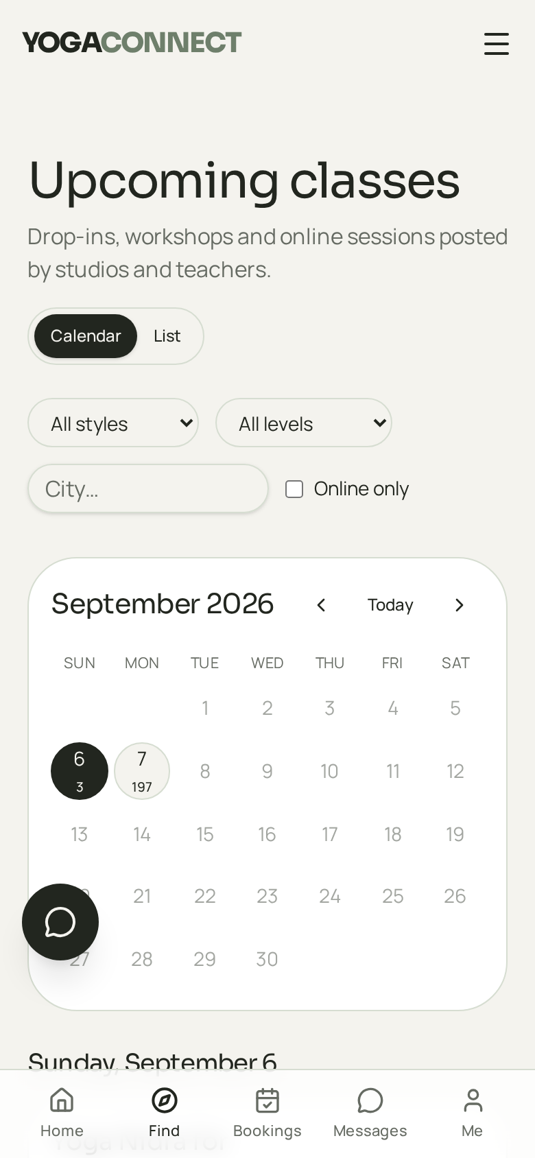 YogaConnect app screen: Real schedules