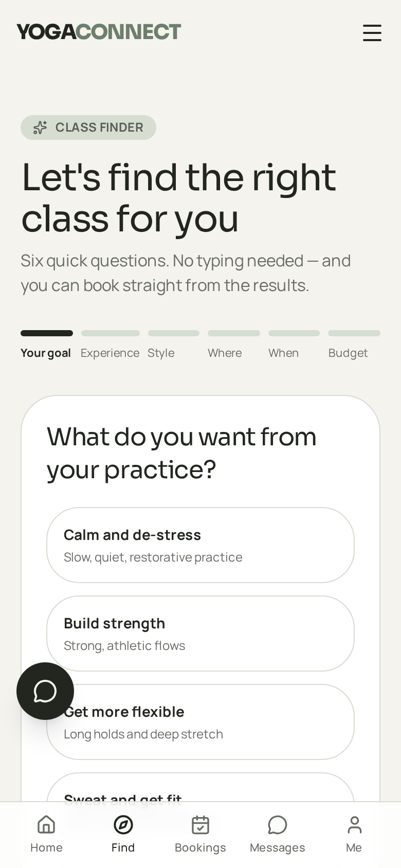 YogaConnect app screen: Guided class finder