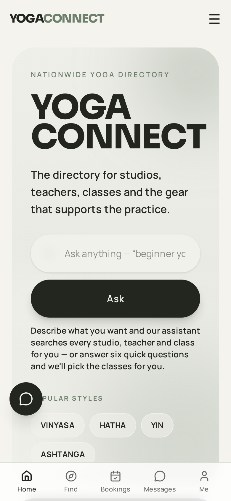 The YogaConnect app home screen on a phone, showing search and popular yoga styles