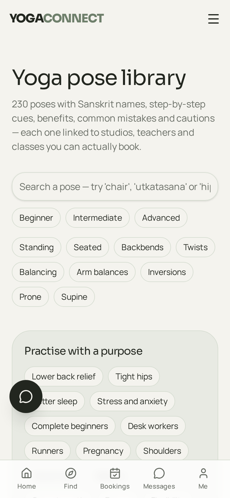 YogaConnect app screen: Pose library