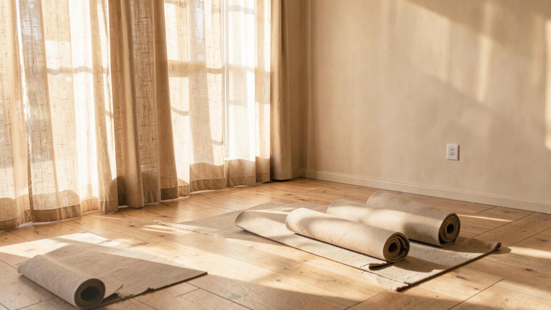 Sunlit yoga studio with wooden floors and rolled mats