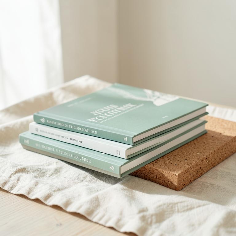 Stack of yoga books on a linen cloth