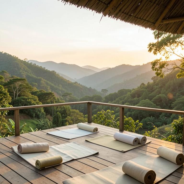 Yoga mats laid out on a retreat deck at sunrise